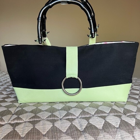Bobo Bags Handcrafted in Denver Lime Green & Black Handbag Purse Bamboo Handles - Picture 15 of 15